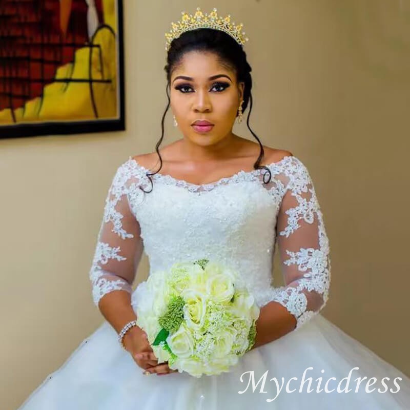 African Ball Gown Long Sleeves Plus Size Lace Wedding Dresses Jewel - MyChicDress