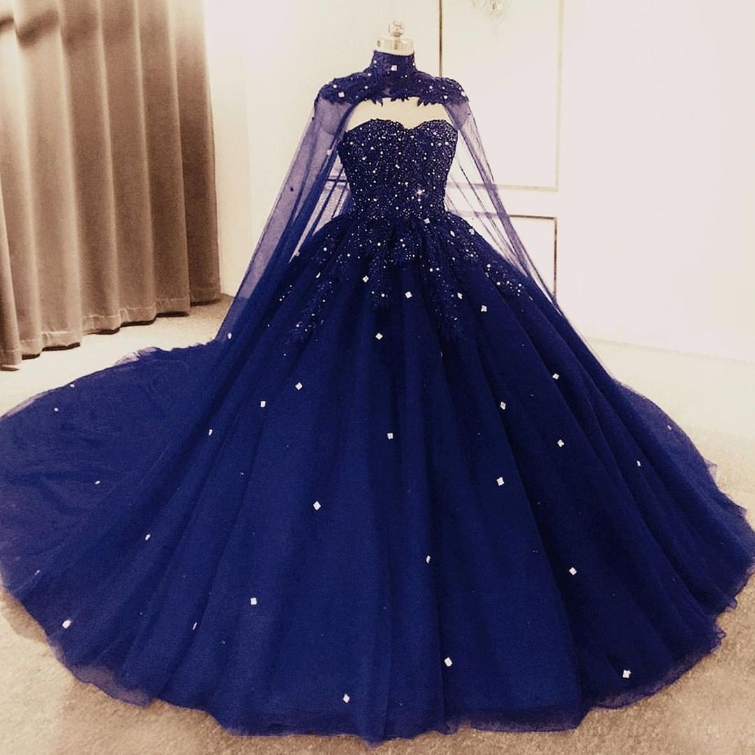 Navy Crystals Quinceanera Dresses With Cape