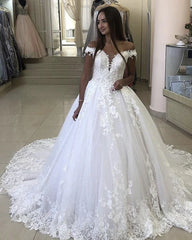 Ball Gown Off Shoulder Lace Applique Wedding Dresses 2024