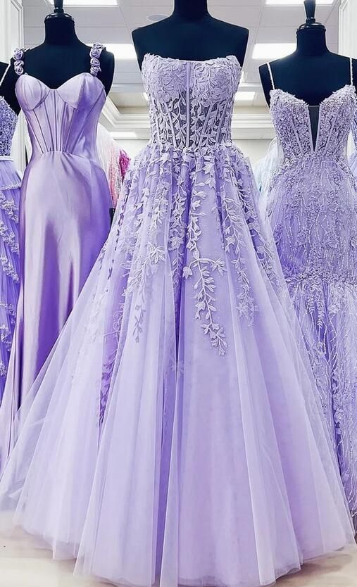 Ball Gown Strapless Purple Violet Prom Dress Lace Long Formal Gown - MyChicDress