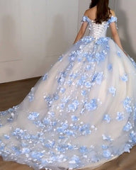 Ball Gown Sweet 16 Dress Light Blue Flowers Off The Shoulder Quinceanera Dresses