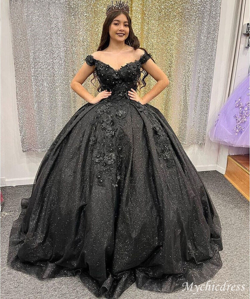 Ball Gown off shoulder Sweet 15 Black Quinceanera Dresses Beaded - MyChicDress