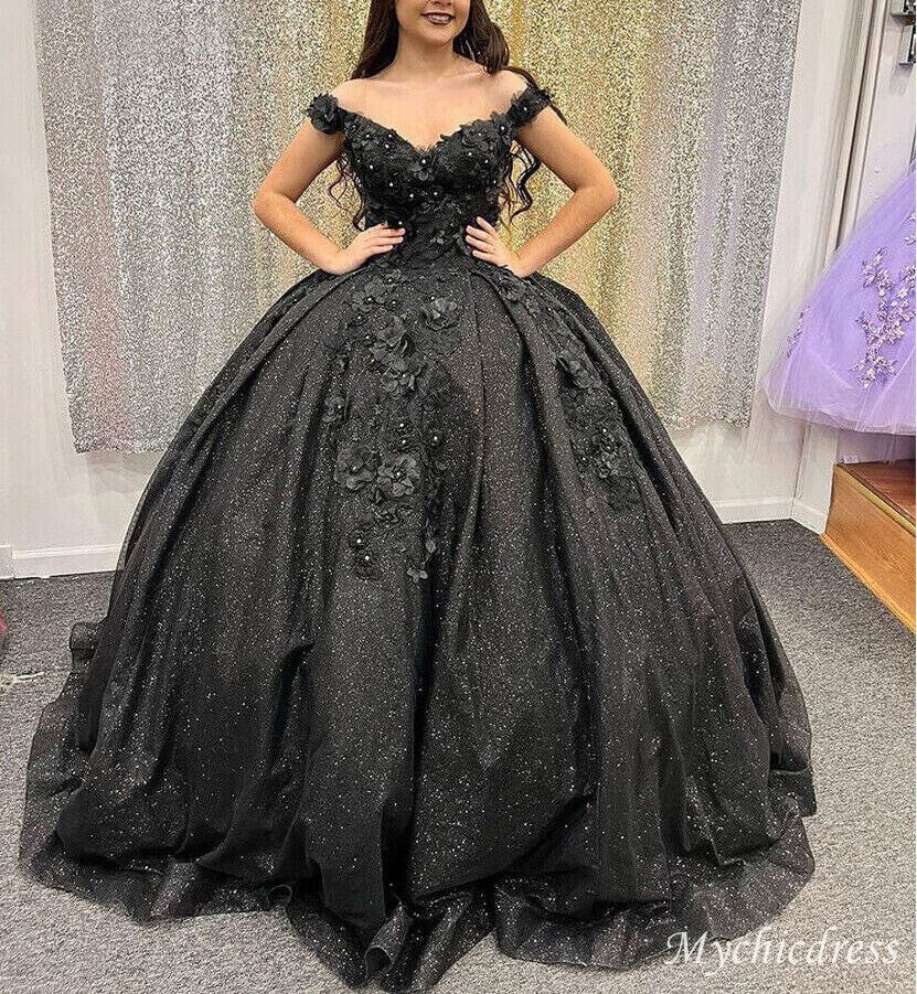 Ball Gown off shoulder Sweet 15 Black Quinceanera Dresses Beaded - MyChicDress