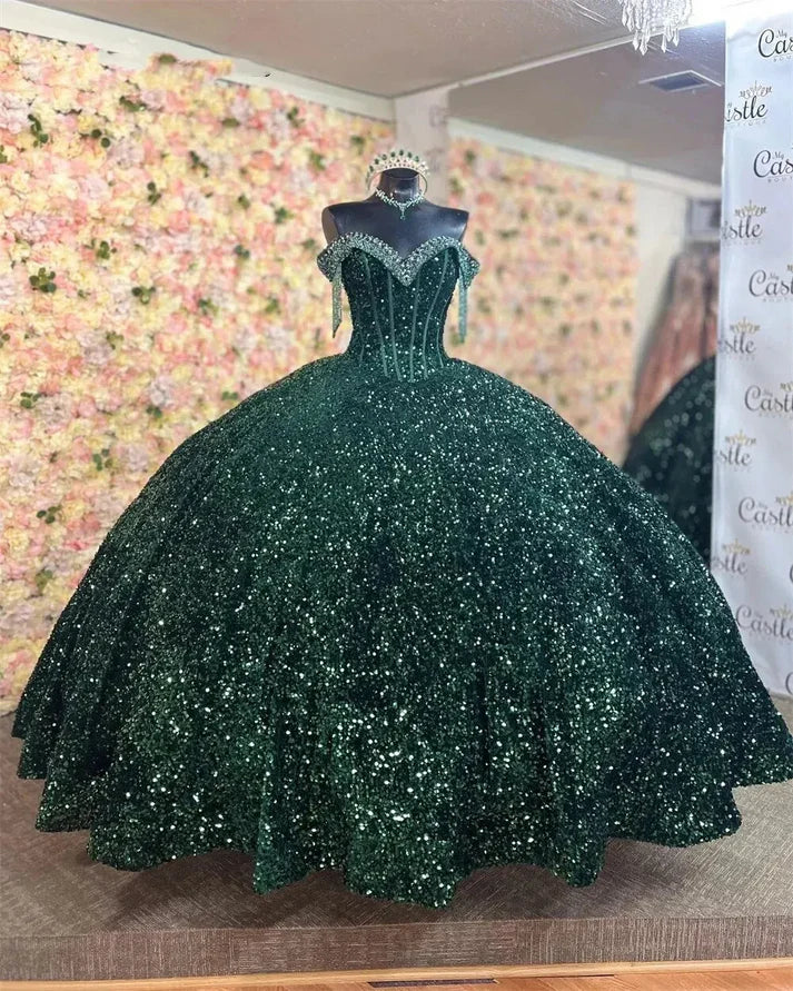 Ball Gown Emerald Green Sequin Quince Dresses Off the Shoulder - MyChicDress
