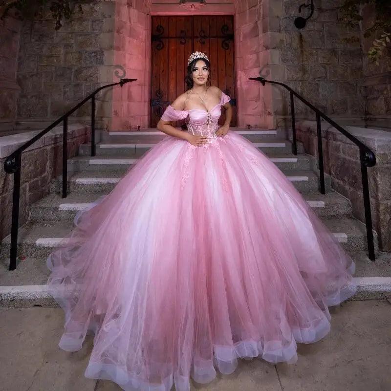 Beading Crystal  Pink Ball Gown Quinceanera Dresses Off Shoulder  Mychicdress