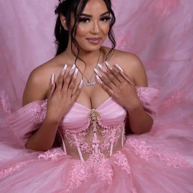 Beading Crystal  Pink Ball Gown Quinceanera Dresses Off Shoulder  Mychicdress