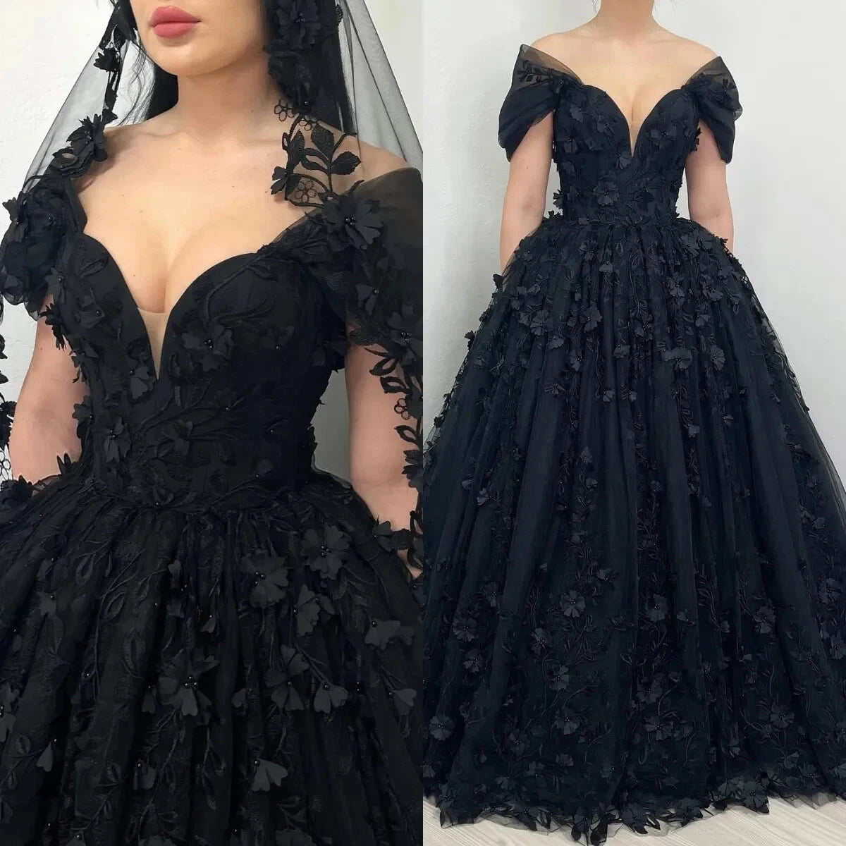 Gorgeous Black Wedding Dress Corset 3D Flower A-line Gothic Bridal Gowns