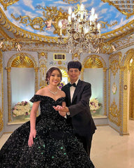 2024 Black Ball Gown Quinceanera Dresses Off Shoulder Corset Sequin Wedding Dress