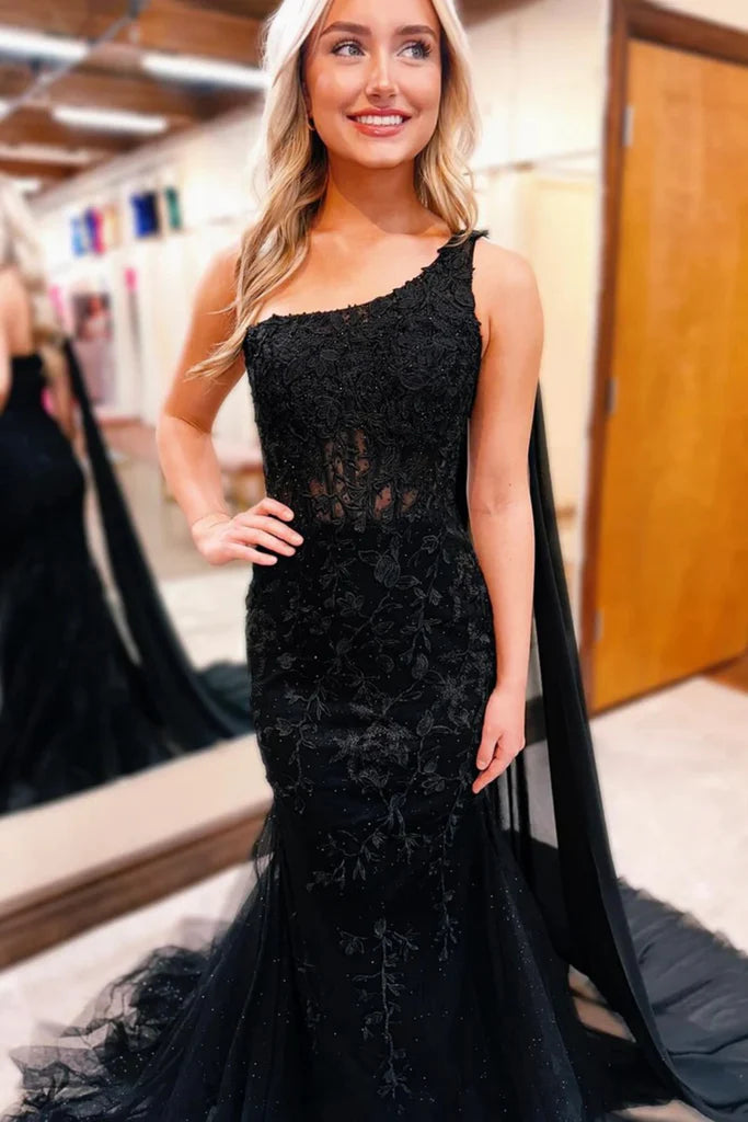 Black Lace Formal Dresses One Shoulder Prom Dresses Long Mermaid - MyChicDress