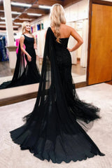 Black Lace Formal Dresses One Shoulder Prom Dresses Long Mermaid - MyChicDress