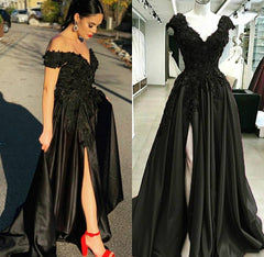 Black Lace 2024 Prom Dresses V Neck Satin Applique Formal Dress with Split