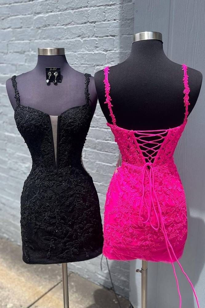 Black Lace Tight Homecoming Dress Spaghetti Straps Applique - MyChicDress