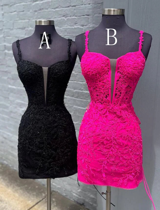 Black Lace Tight Homecoming Dress Spaghetti Straps Applique - MyChicDress