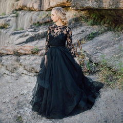 Black Lace Tulle Gothic Wedding Dresses Plus Size with Sleeves