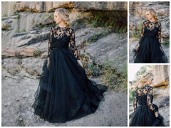 Black Lace Tulle Gothic Wedding Dresses Plus Size with Sleeves