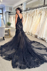 Black Lace 2024 Wedding Dress Appliques Mermaid V Neck Prom Dresses