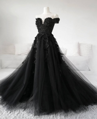 Black Lace Wedding Dresses 2024 Off the Shoulder Pearls Tulle Formal Prom Dress