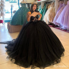 2024 Black Tulle Ball Gown Quince 15 Dresses Sweetheart Wedding Gown with Cape