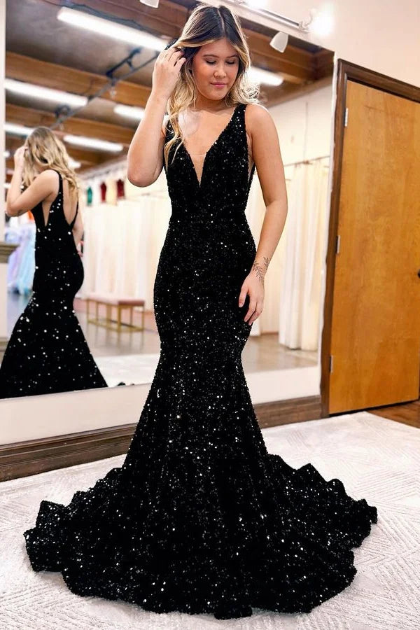 Black 2024 V Neck Prom Dresses Sequins