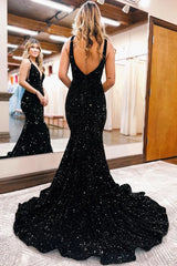 Black 2024 V Neck Prom Dresses Sequins Long UK Evening Dress Mermaid