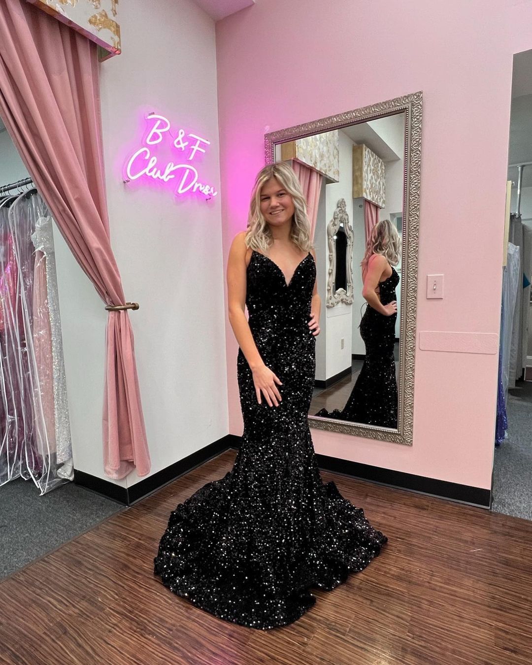 Black Velvet Sequins Prom Dresses 2025 Mermaid V Neck Formal Dress Long - MyChicDress