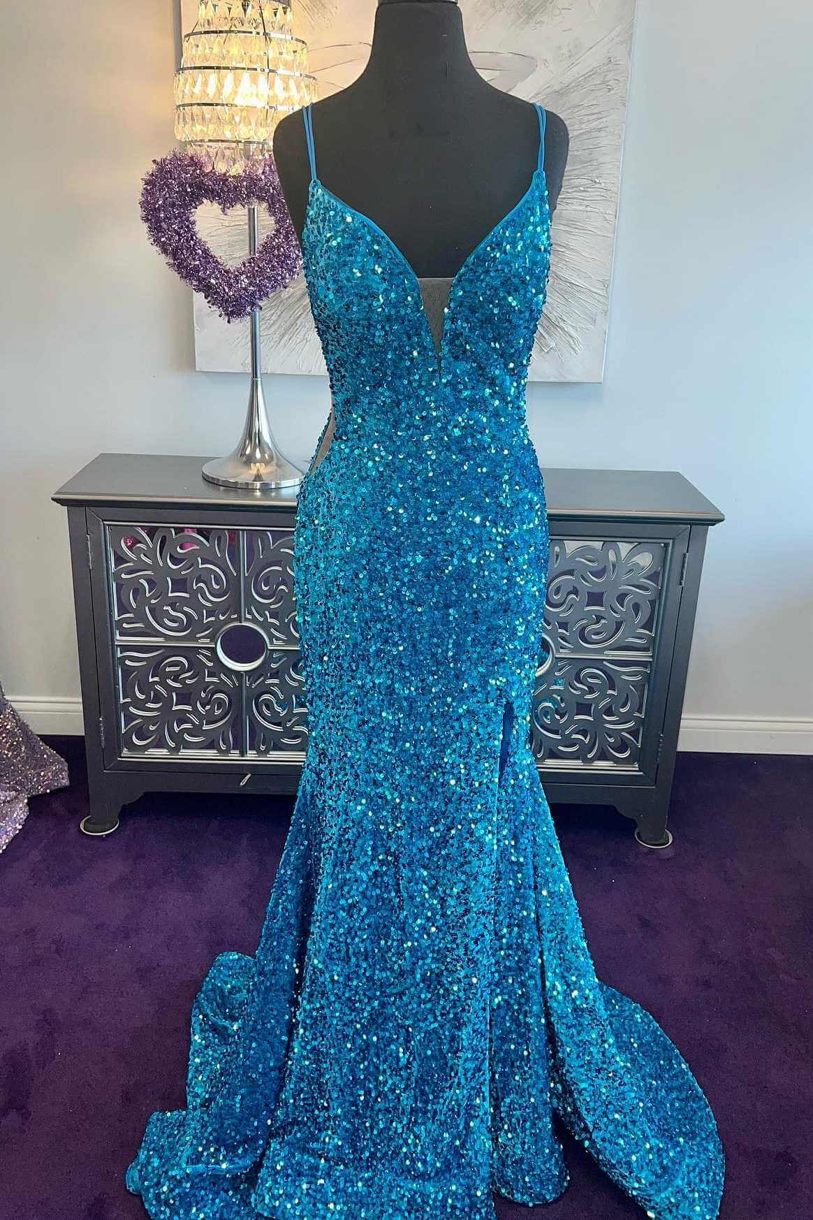 Blue sequin evening gown