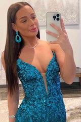 2024 Blue Cheap Sequins Long Mermaid Prom Dresses Strapless