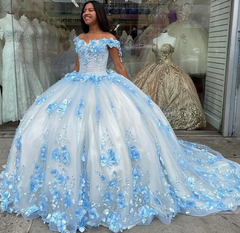 Blue Lace 2024 Sweet 16 Dress Off The Shoulder 3D Flowers Quinceanera Dresses