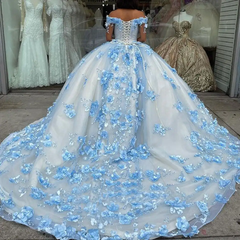 Blue Lace 2024 Sweet 16 Dress Off The Shoulder 3D Flowers Quinceanera Dresses