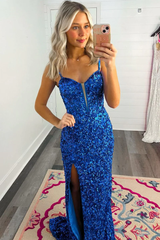 2024 Blue Sequins Evening Gown Long Prom Dresses Sweetheart with Slit