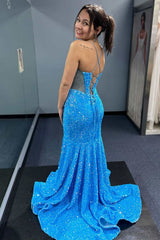 Blue Iridescent Sequin Prom Dress Straps Mermaid Long - MyChicDress