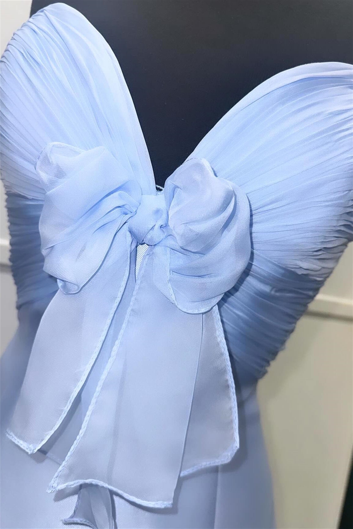 Blue Mermaid Satin Prom Dress Strapless Evening Dress with Tulle Bow