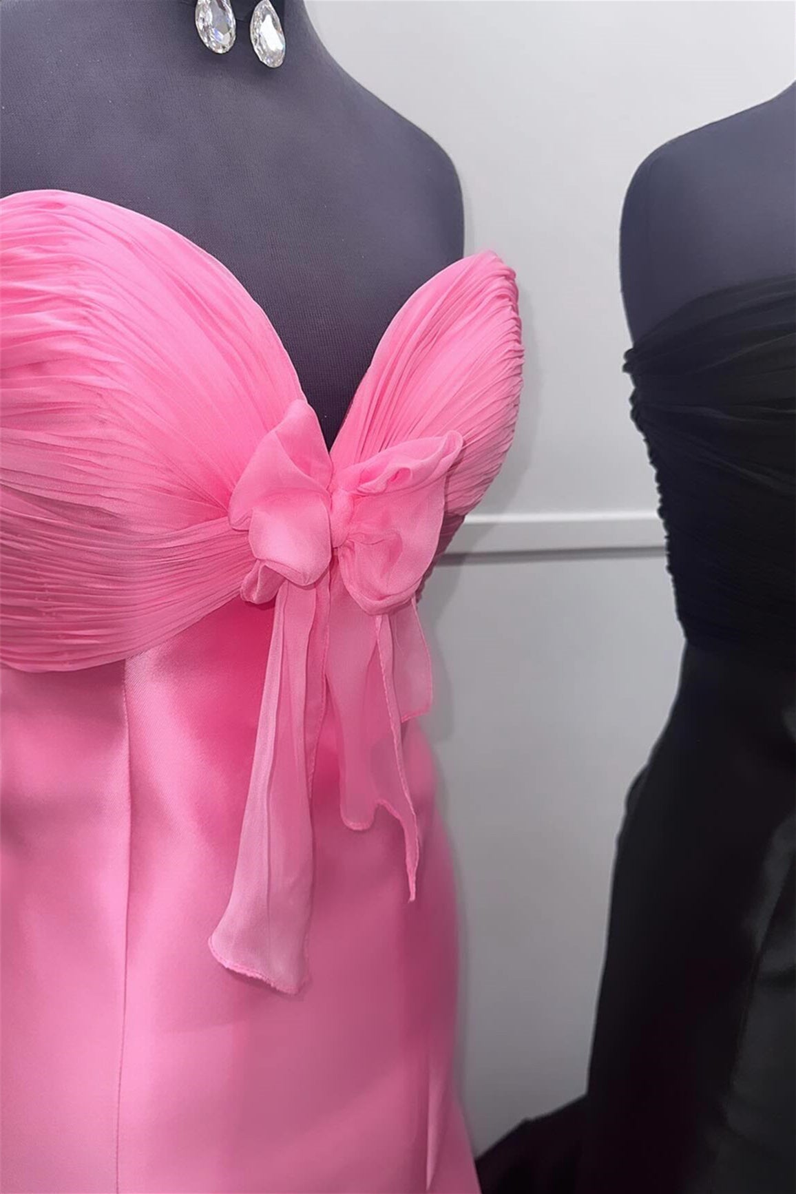 Blue Mermaid Satin Prom Dress Strapless Evening Dress with Tulle Bow