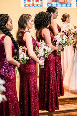Burgundy Sequin Cheap Bridesmaid Dresses Fall V Neck Sleeveless MyChicDress