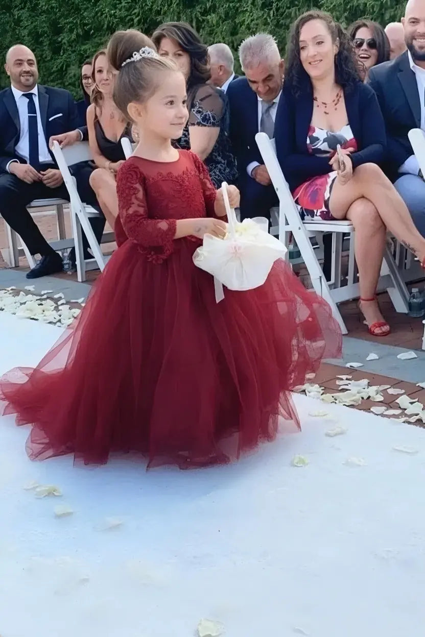 Princess Long Sleeves Lace Flower Girl Dresses with Bowknot