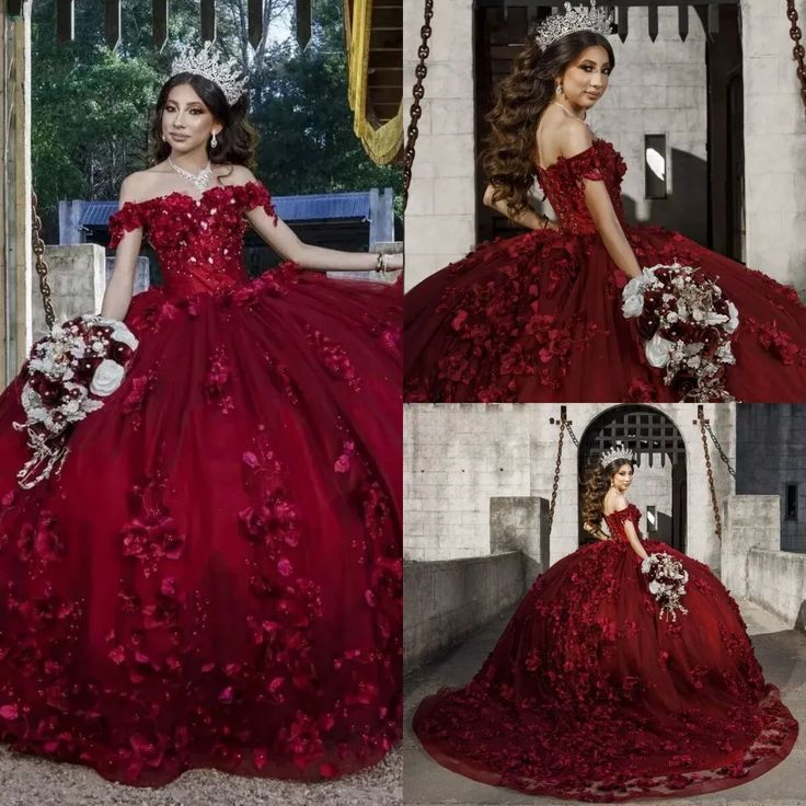Burgundy Quince Dress Flowers Ball Gown Sweetheart Off the Shoulder - MyChicDress