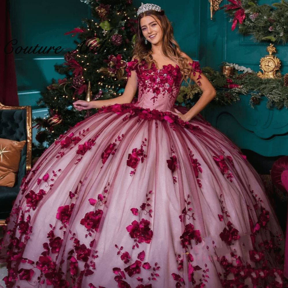 Burgundy vestidos de quinceanera 15 16 Dresses 3D floral Birthday Gowns - MyChicDress