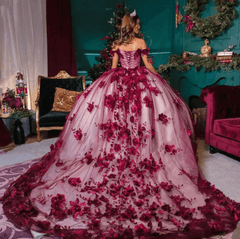 Burgundy vestidos de quinceanera 15 16 Dresses 3D floral Birthday Gowns