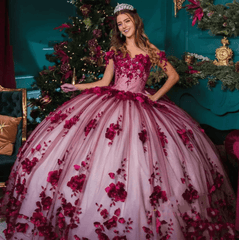 Burgundy vestidos de quinceanera 15 16 Dresses 3D floral Birthday Gowns