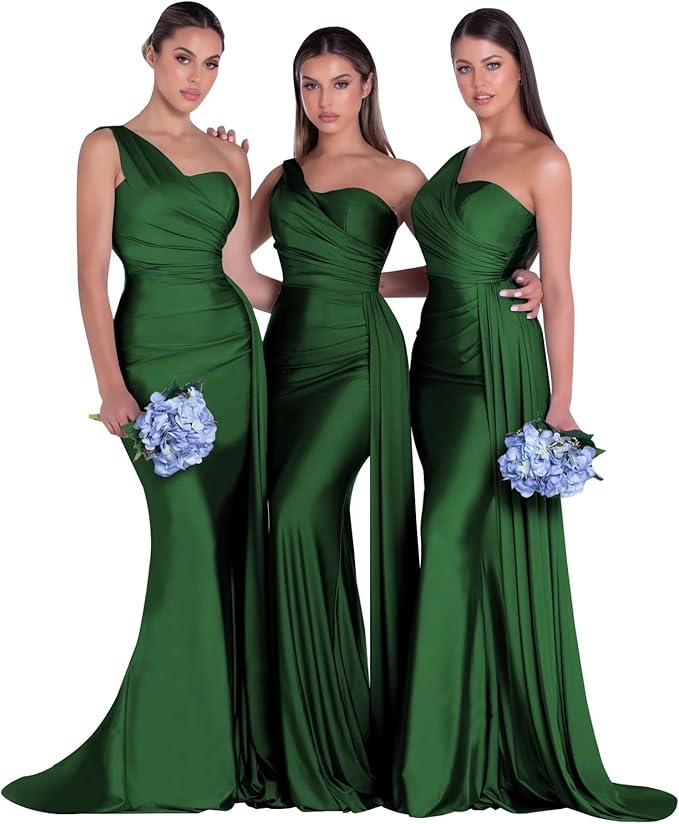 Cheap One Shoulder Green Bridesmaid Dresses Long Wedding Guest Dress