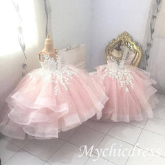 Cheap Ball Gown Pink Flower Gril Dresses White Lace Applique