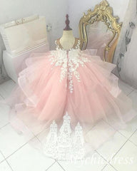 Cheap Ball Gown Pink Flower Gril Dresses White Lace Applique