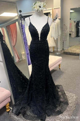 2025 Cheap Black Prom Dresses Mermaid Lace Appliques Straps - MyChicDress