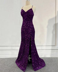 Cheap Dark Purple Prom Dress Sequin Mermaid Formal Evening Dress Split