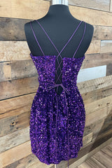 Cheap Homecoming Dresses Purple Sequin Hoco Dress Straps