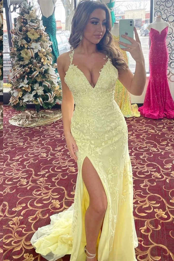 Cheap Light Yellow long Prom Dress V-Neck Lace Appliques - MyChicDress