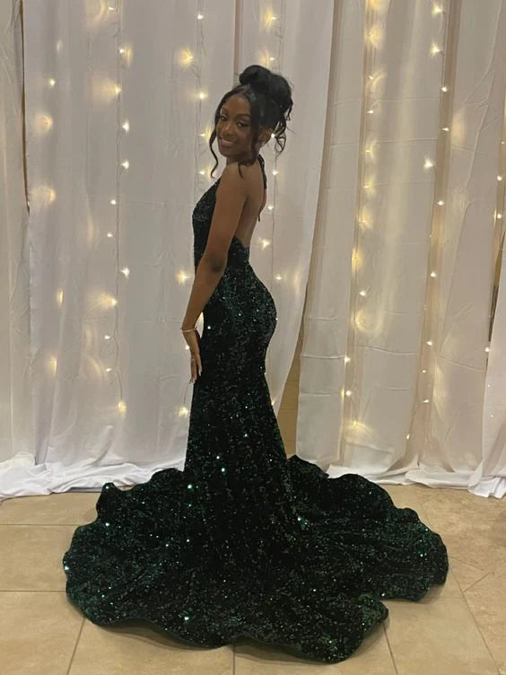 Cheap Long Halter Emerald Green Prom Dresses Sequin Party Formal Dress - MyChicDress