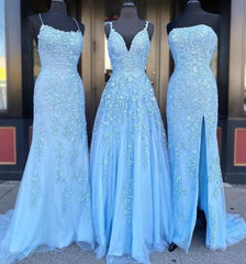 Cheap Long Lace Blue Prom Dresses Applique Mermaid Evening Formal Gowns