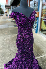 Cheap Off the Shoulder Sequins Prom Dress Purple Long Evening Dress - MyChicDress