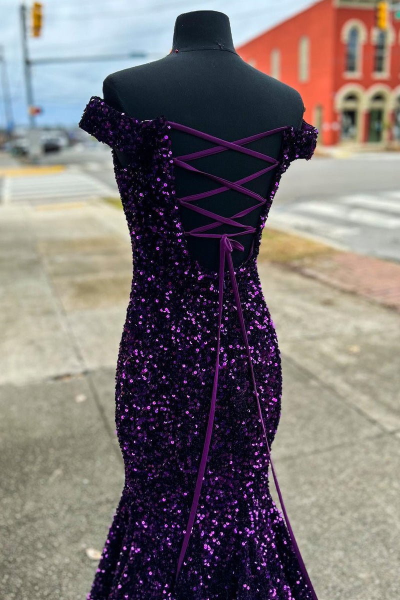 Cheap Off the Shoulder Sequins Prom Dress Purple Long Evening Dress - MyChicDress